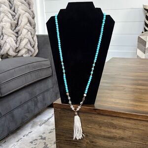 Turquoise Beaded Necklace with Grey Leather Tassel
